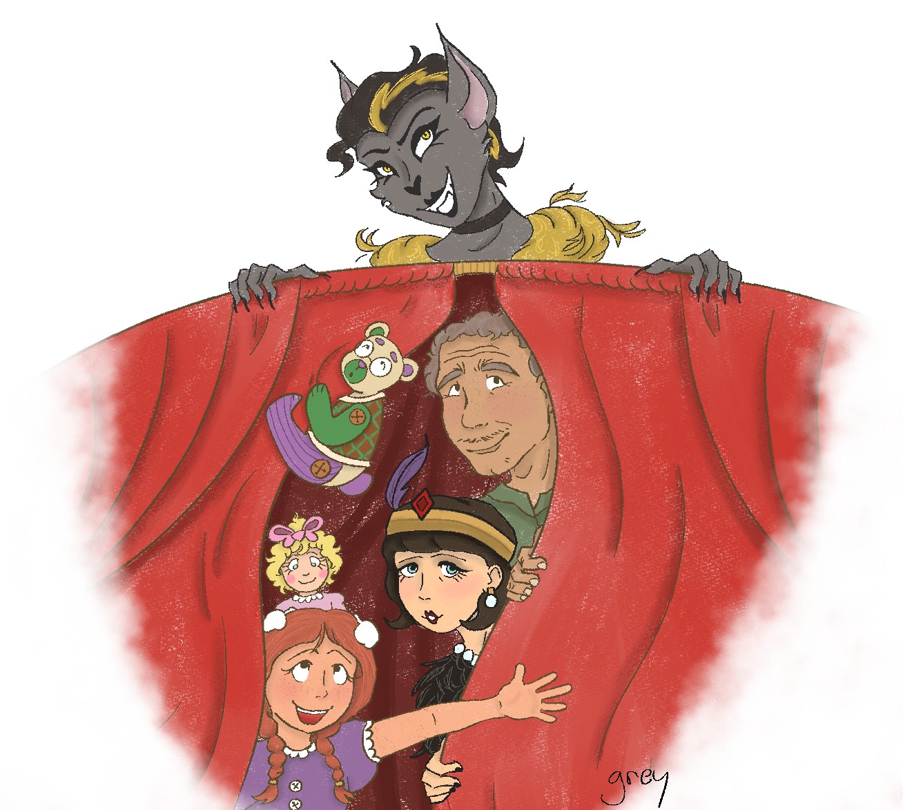 A digital drawing. Marcella, Baby Doll, Teddy, Poppa, and Mommy peek between two large red curtains. Bat looms above them.